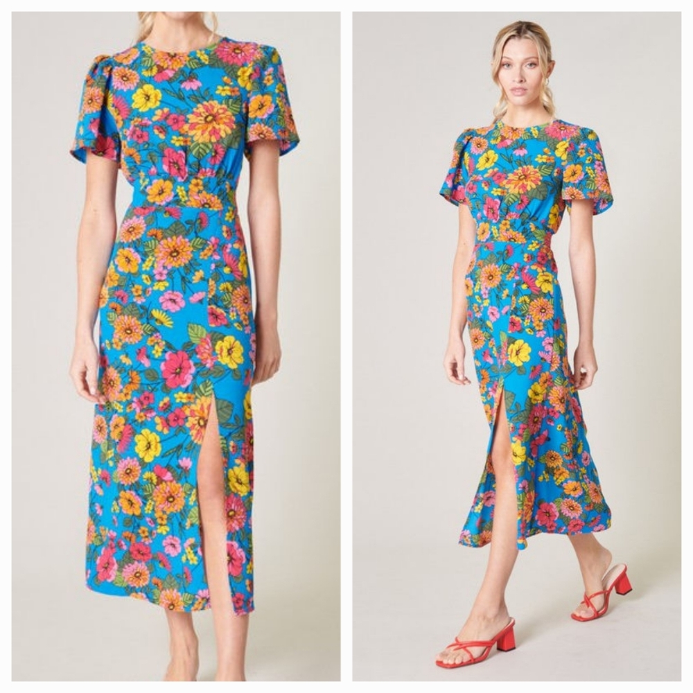 Sugarlips Twiggy Floral Bloom Floral Short Sleeve Vintage Inspired Midi Dress L